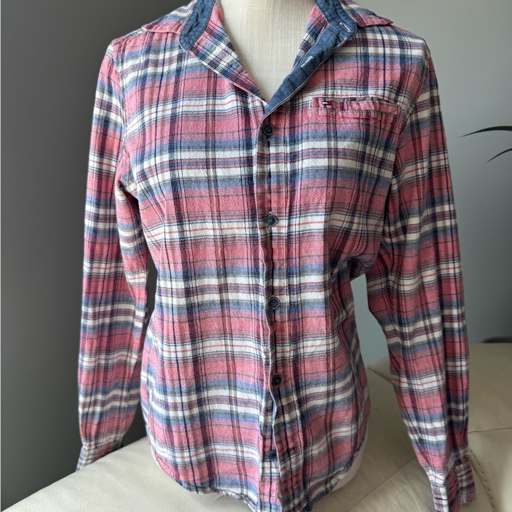 Tommy Hilfiger Red and Blue Plaid Casual Button Down Shirt